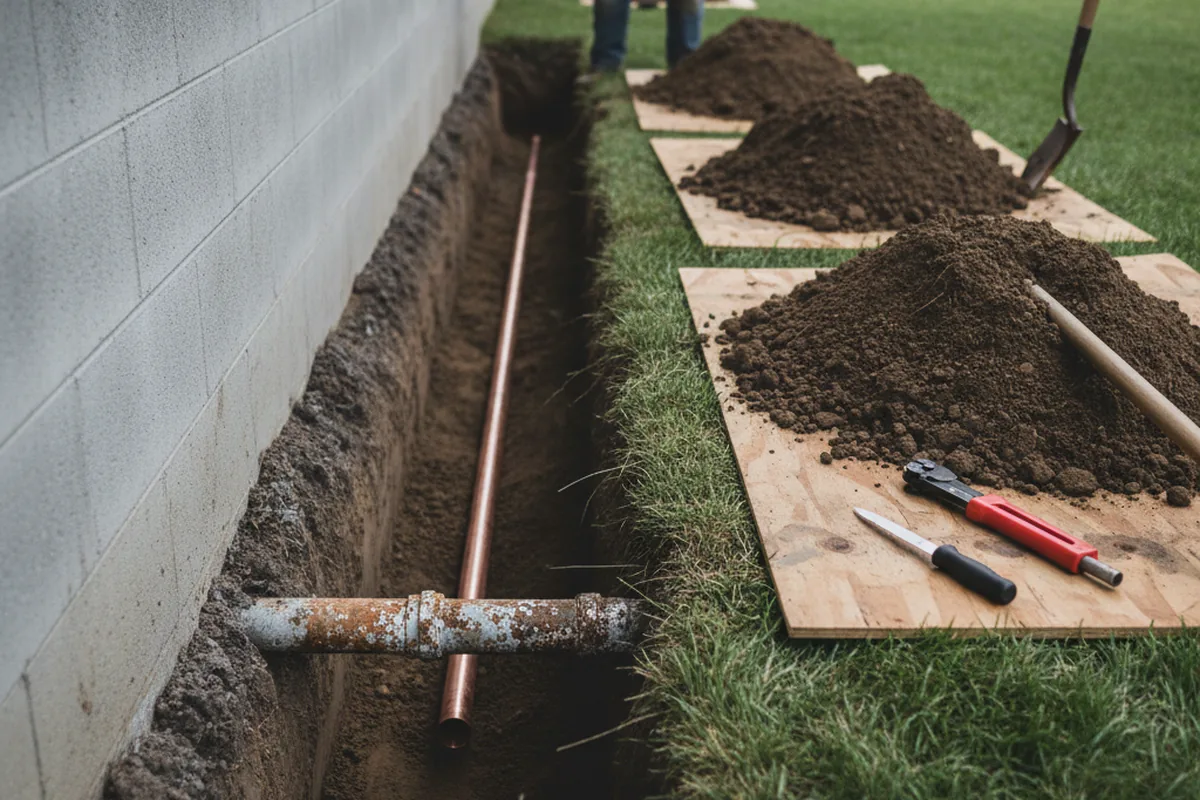 Excavated water line trench during Water Softener Installation in Newton